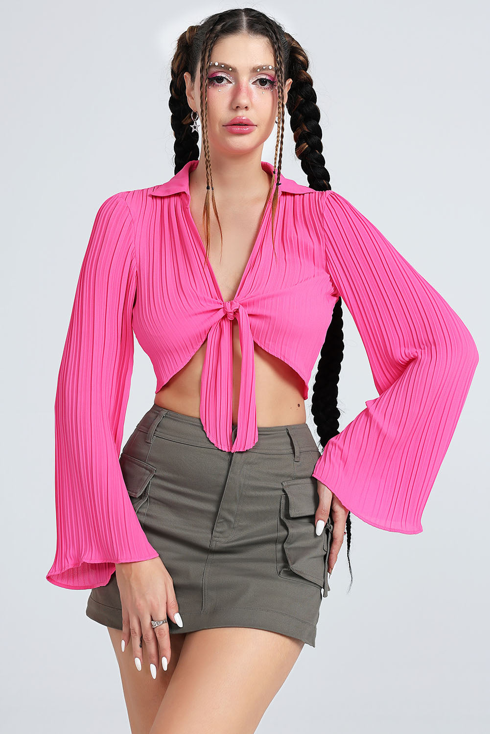 Malibu Dreams Tie Front Johnny Collar Flare Sleeve Cropped Top