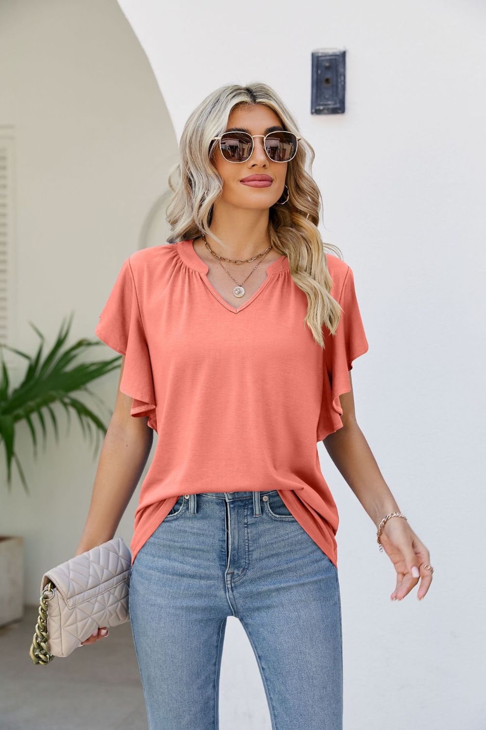 Women's JAYLEEN Full Size Notched Neck Flutter Sleeve Tee