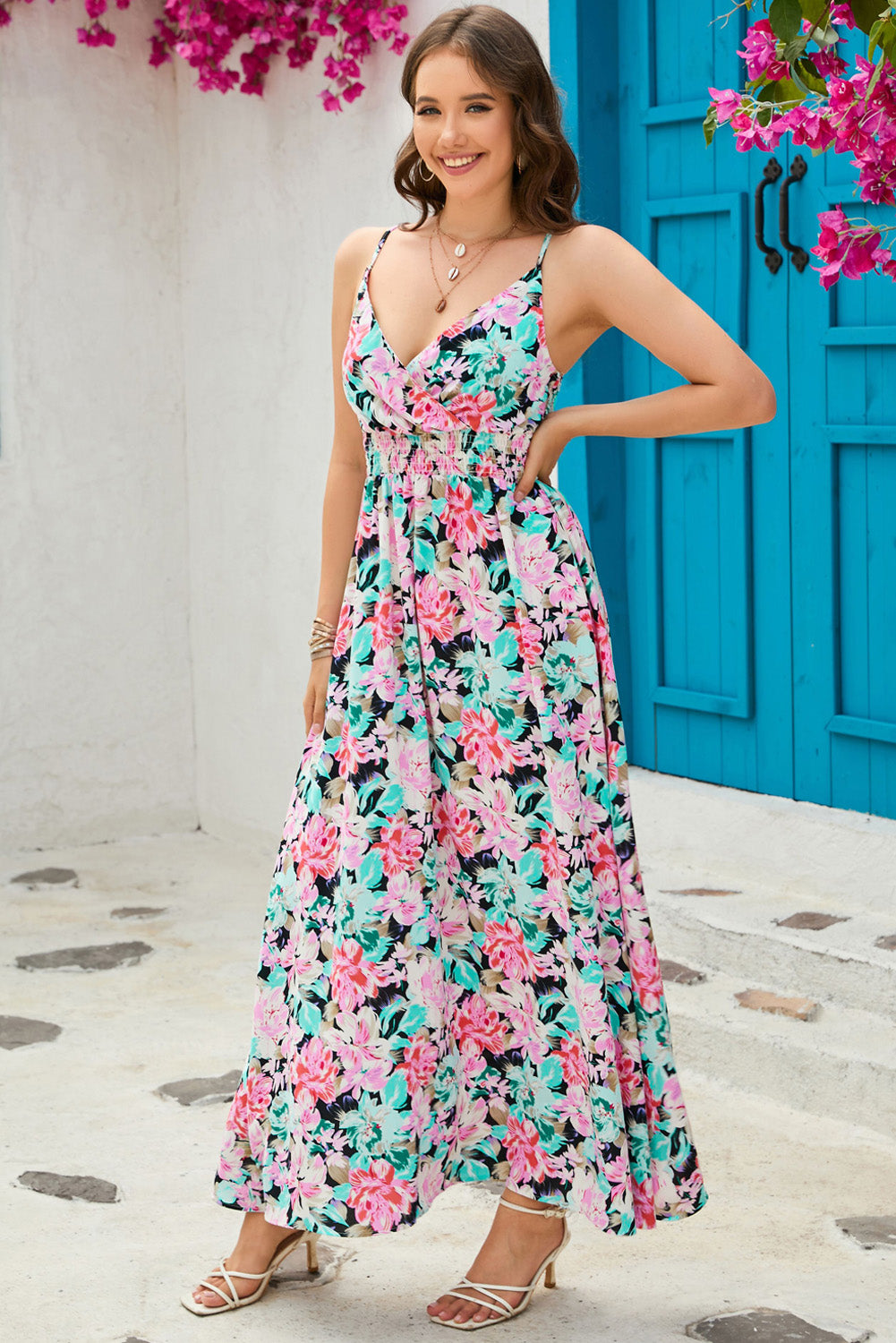 OCEANSIDE Floral Spaghetti Strap Surplice Neck Maxi Dress