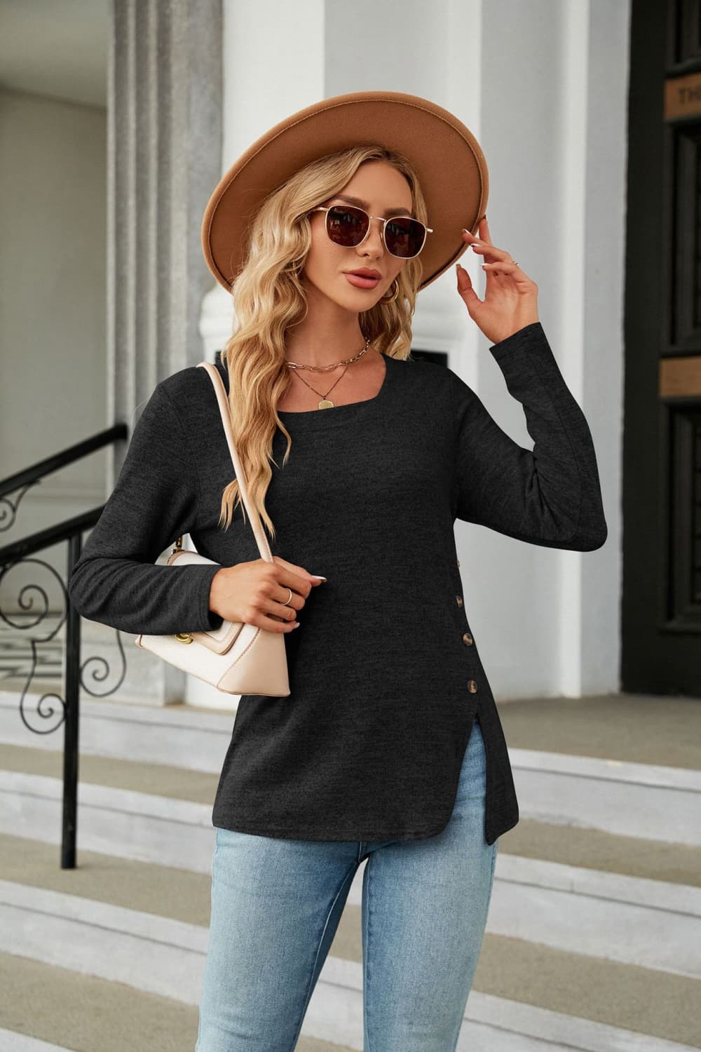 Full Size Square Neck Long Sleeve Slit T-Shirt