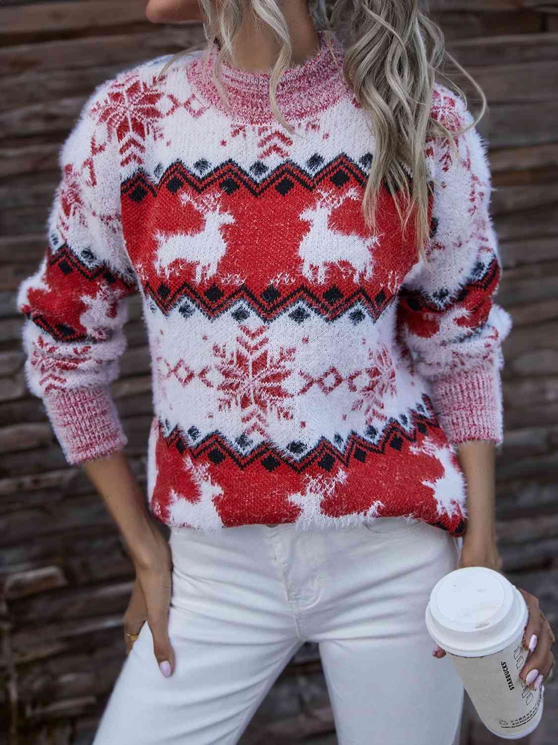 Christmas Reindeer & Snowflake Round Neck Sweater