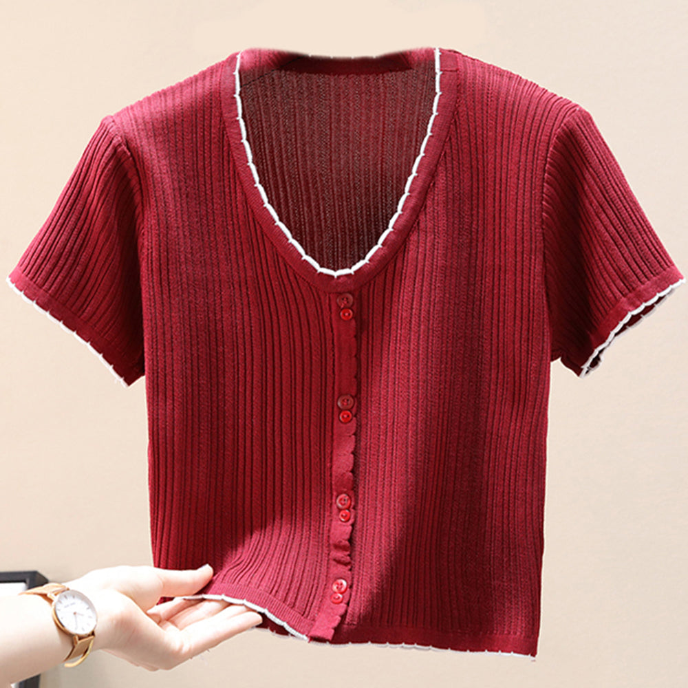 Women's Contrast Decorative Button Short Sleeve Knit Top