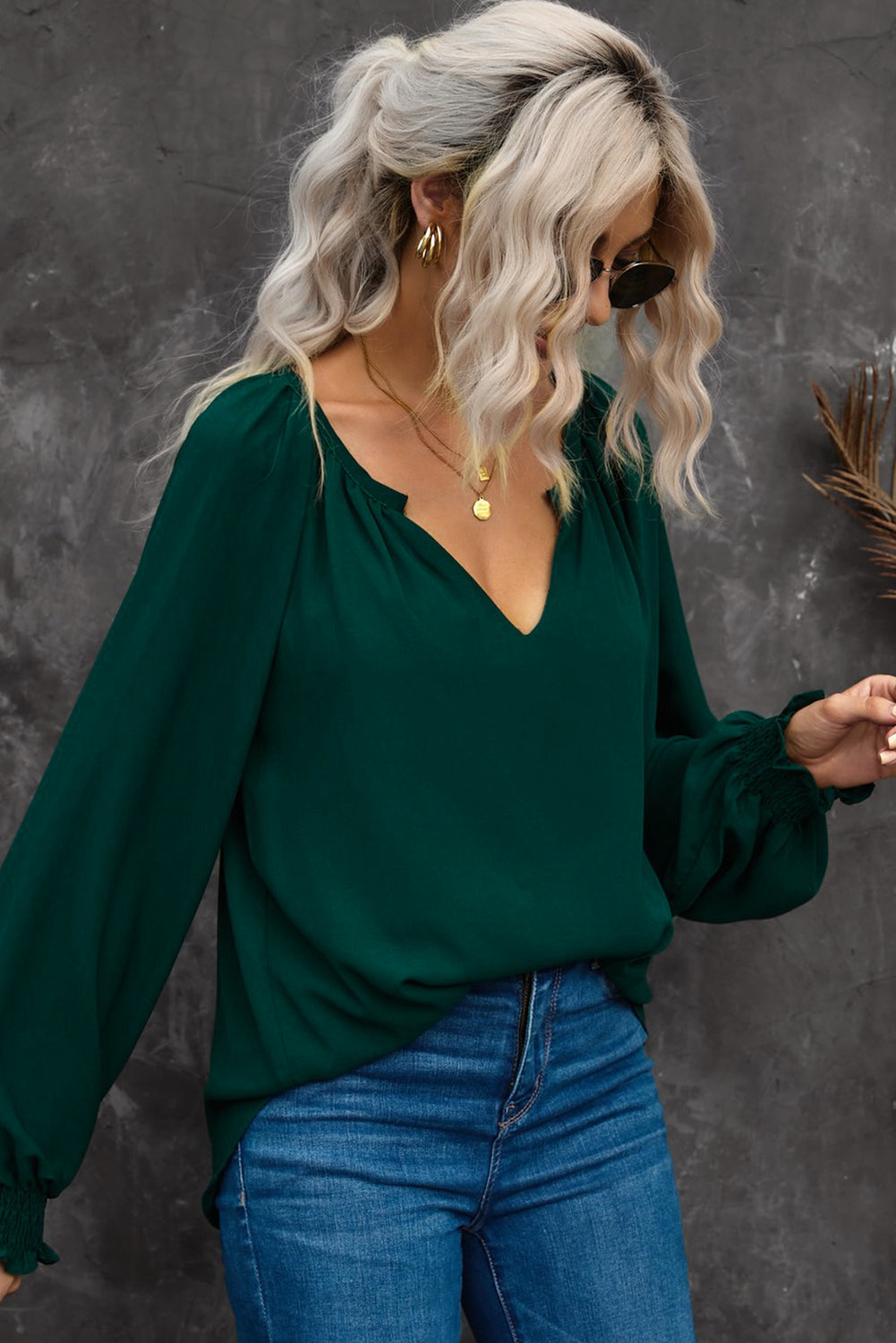 Full Size Notched Neck Lantern Sleeve Blouse