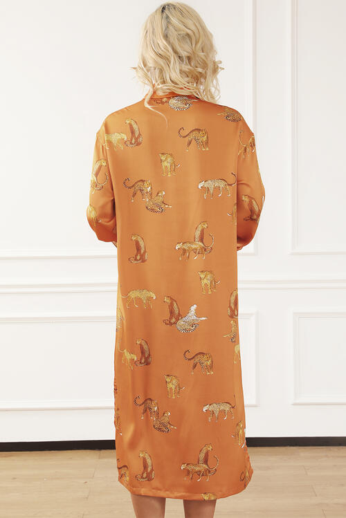 Animal Pattern Long Sleeve Slit Shirt Pumpkin Orange Dress