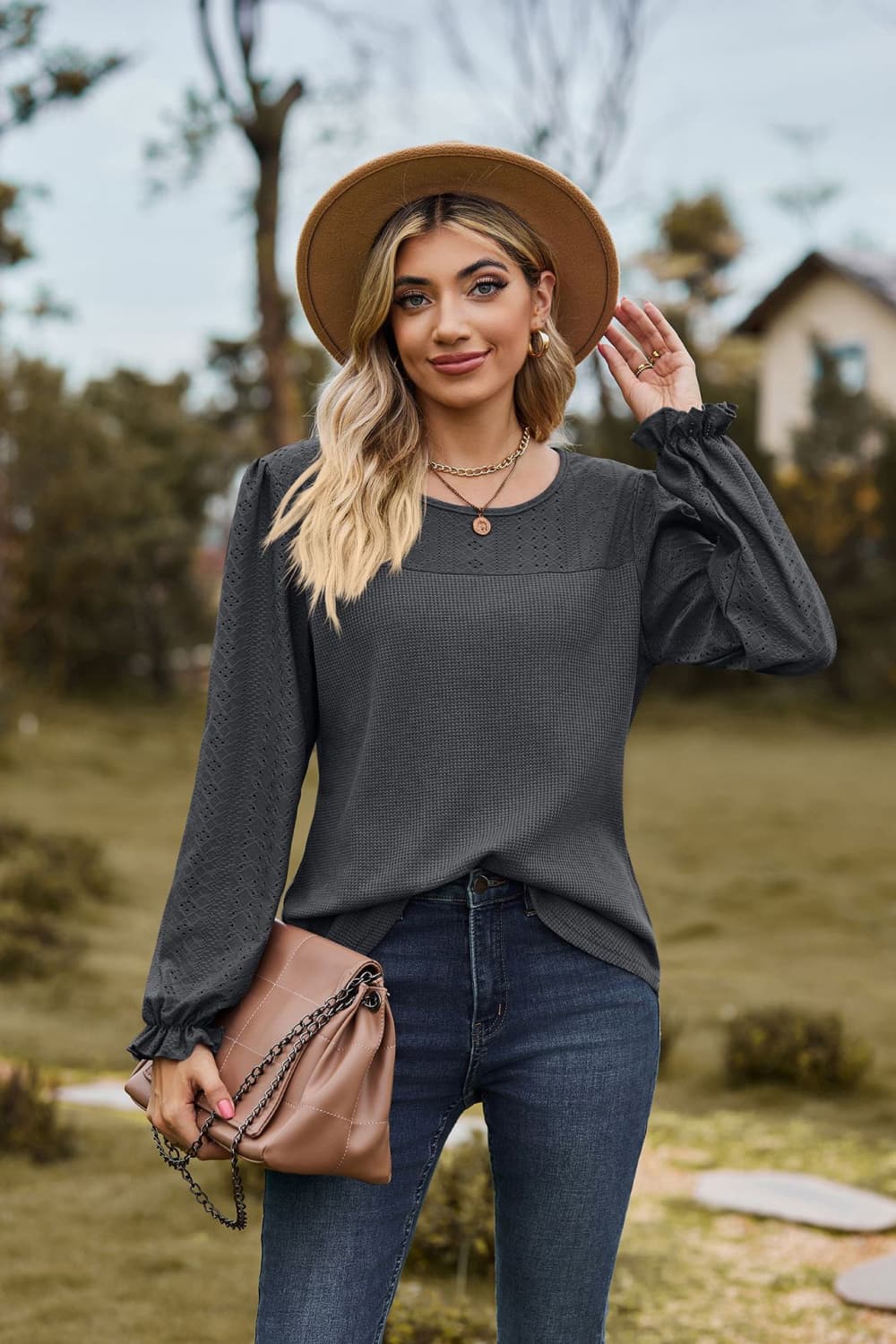 Full Size Round Neck Puff Sleeve Blouse