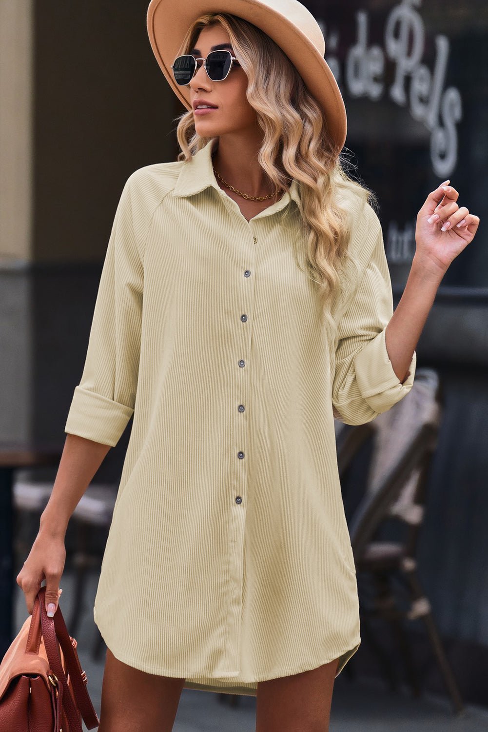 Women's Button Front Curved Hem Raglan Sleeve Shirt Dress