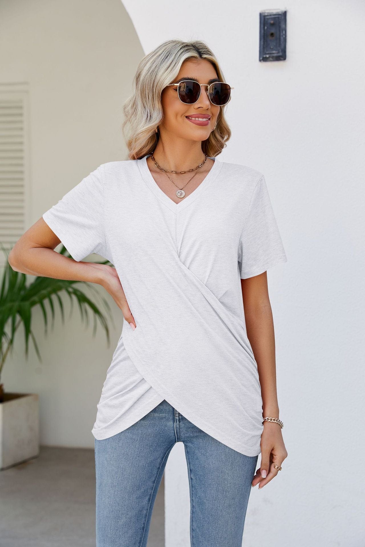 Full Size V-Neck Crisscross Short Sleeve Tee