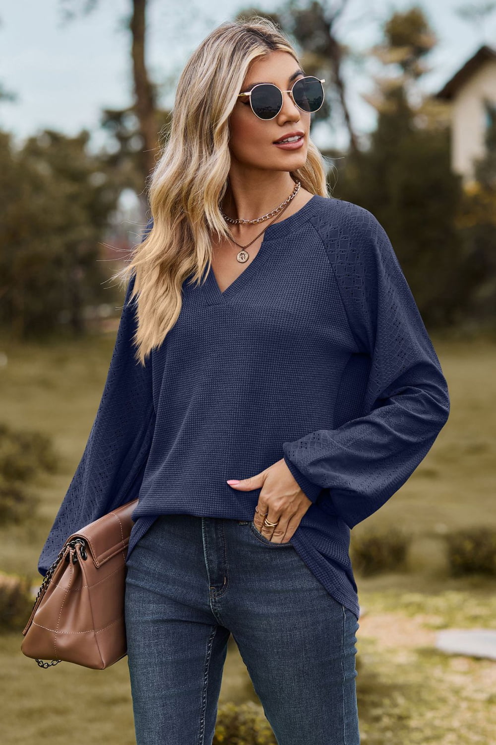 Full Size Notched Neck Raglan Sleeve Blouse