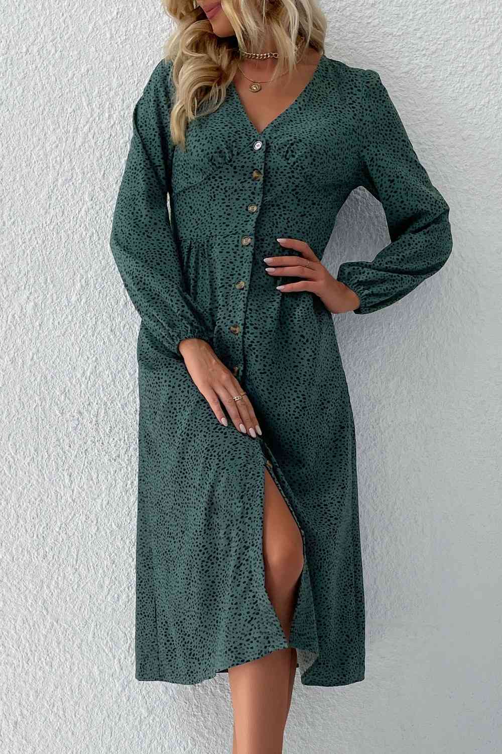 Green Printed Button Down V-Neck Midi Dress