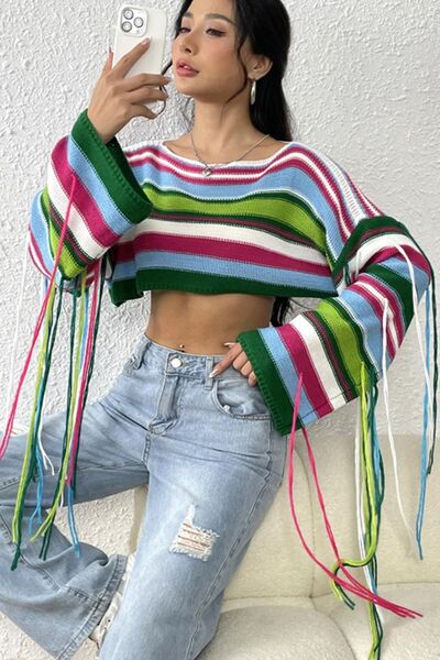 Fringe Striped Round Neck Knit Top