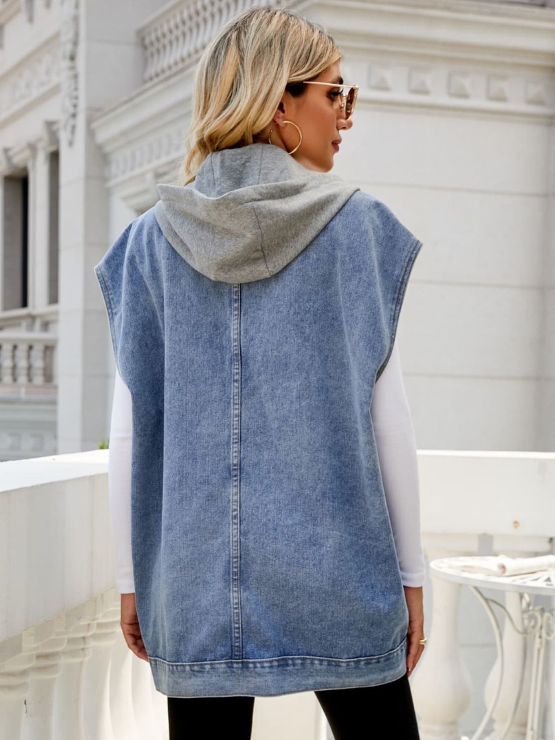 Women's Hooded Sleeveless Denim Top with Pockets