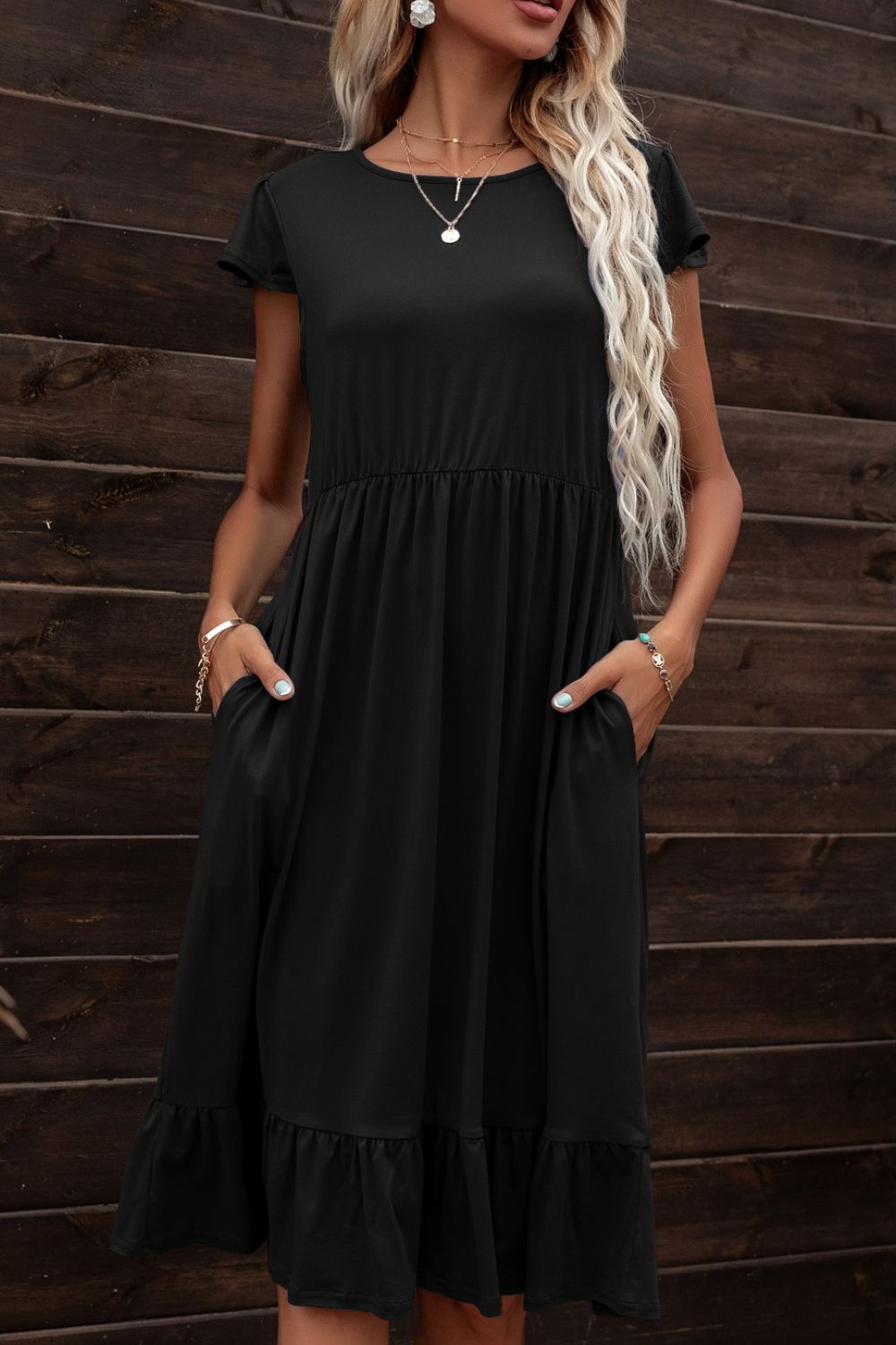 Casual Full Size Run Round Neck Ruffle Hem Pocket Dress in Black