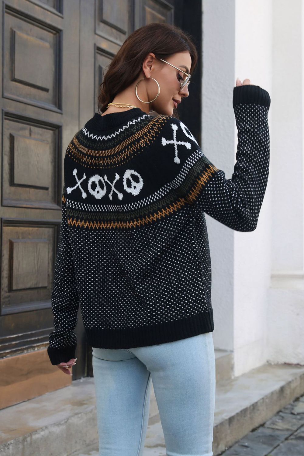 Full Size Ghost Pattern Round Neck Long Sleeve Sweater