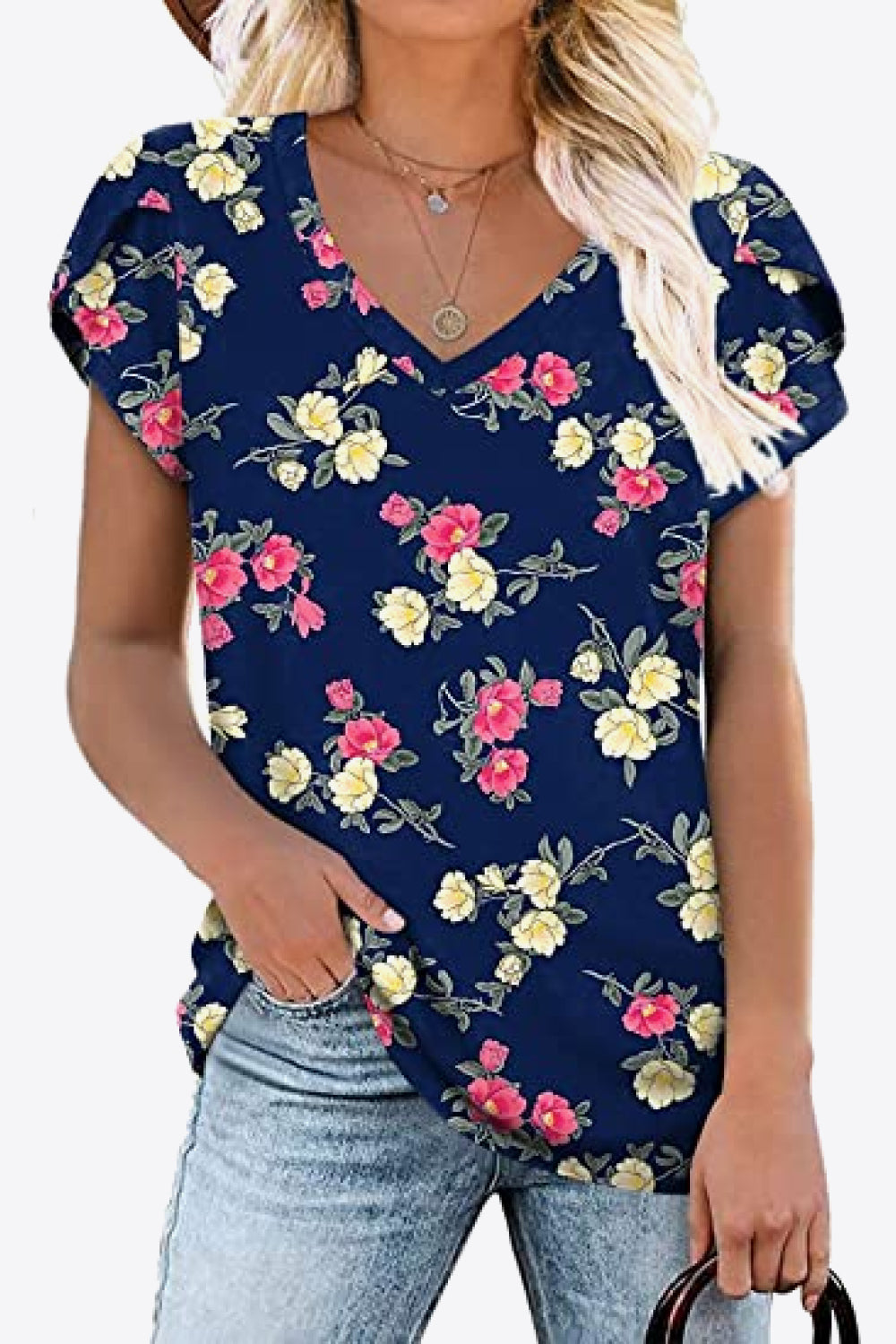 Full Size Printed Petal Sleeve V-Neck Blouse