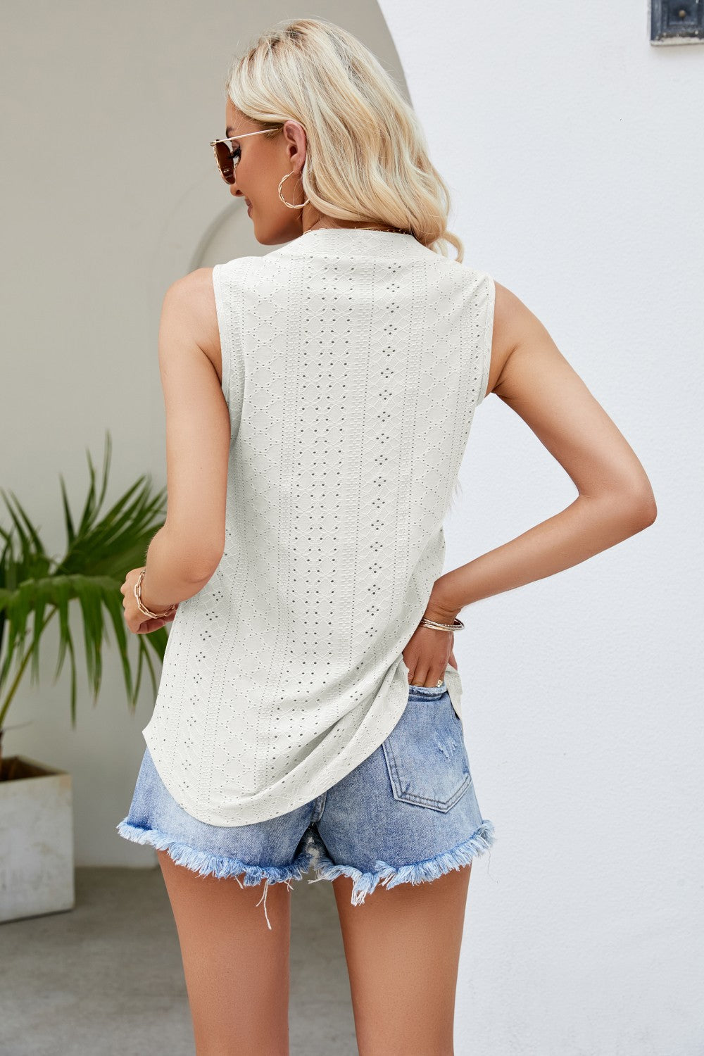 Full Size Notched Neck Full Size Curved Hem Eyelet Tank