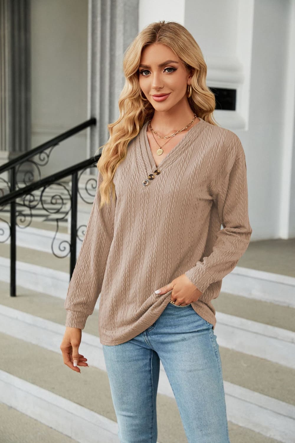 Full Size Decorative Button V-Neck Long Sleeve T-Shirt