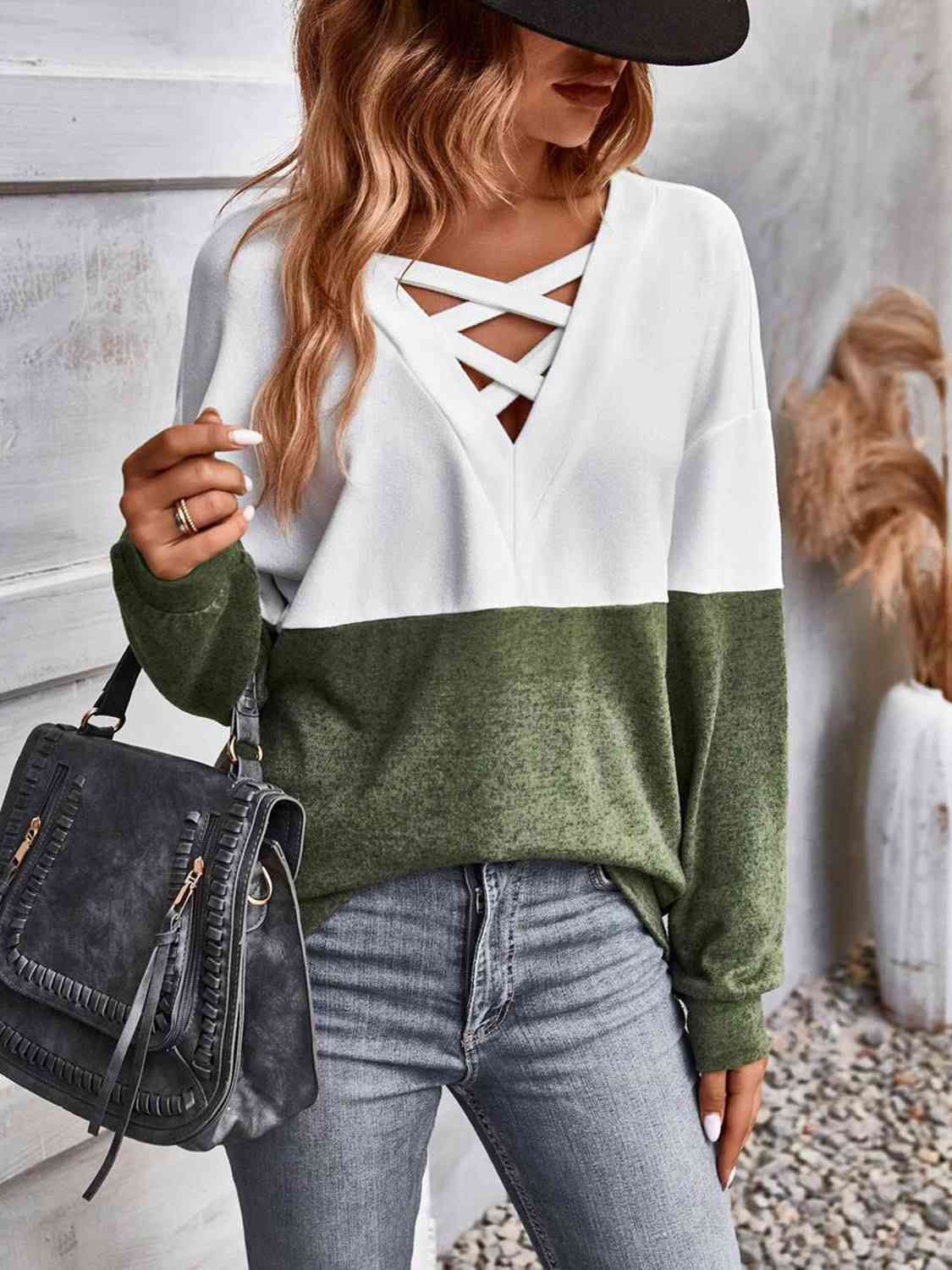 Full Size Two-Tone Crisscross Detail Sweatshirt