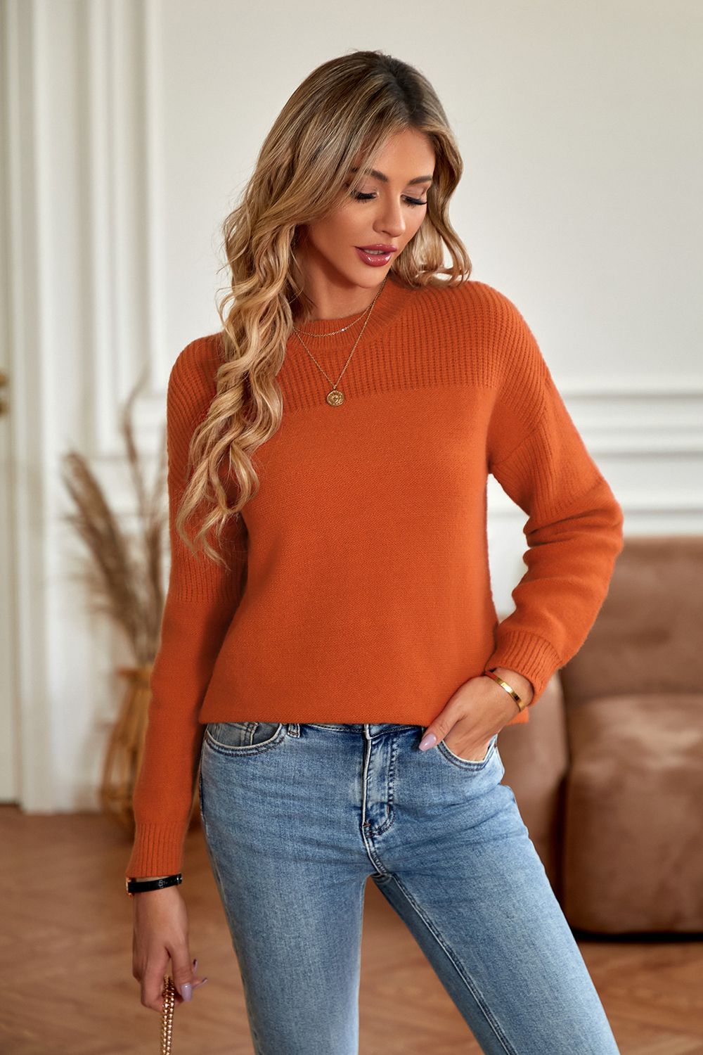 Hannah&Mea Round Neck Dropped Shoulder Sweater