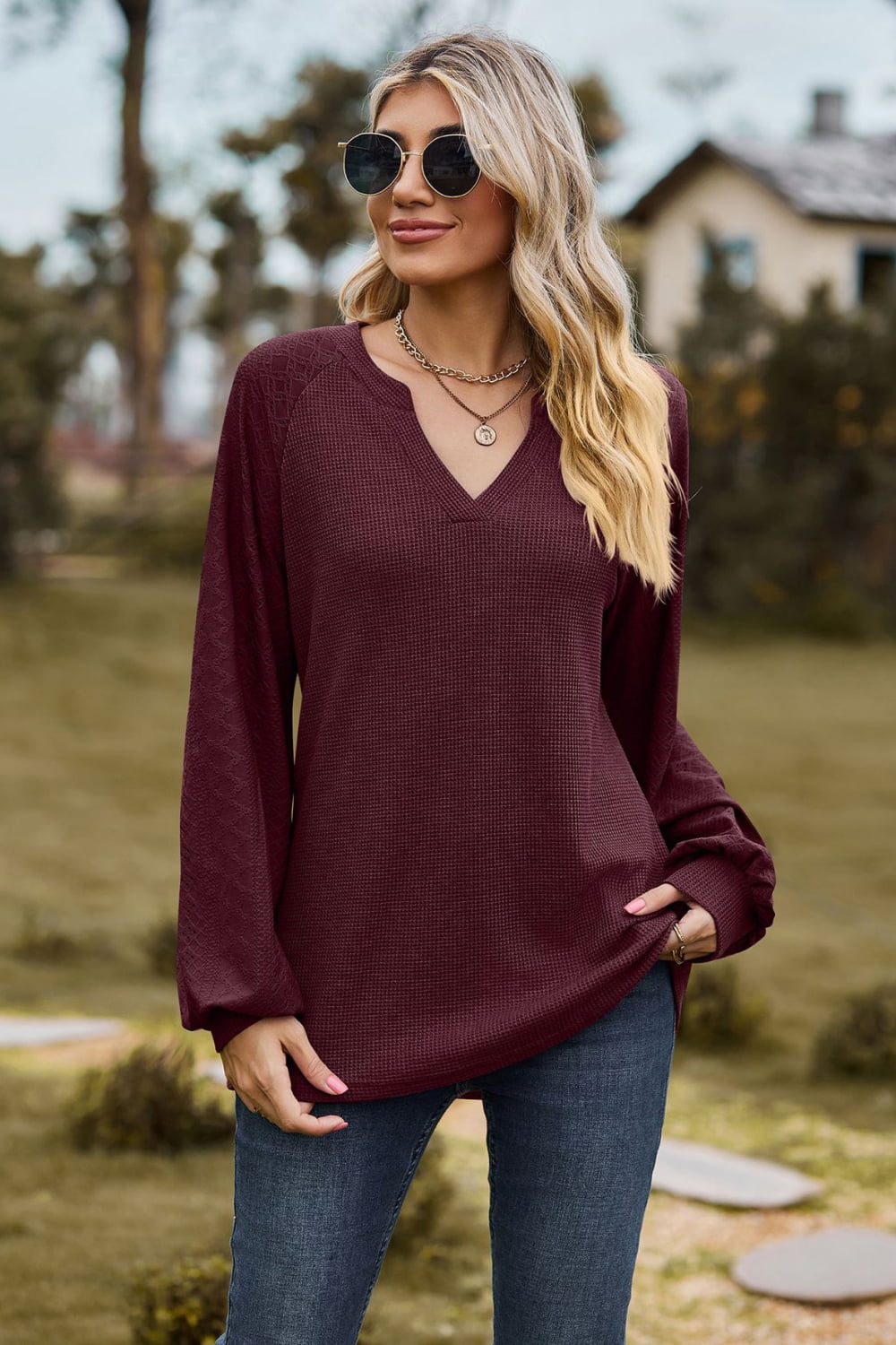 Full Size Notched Neck Raglan Sleeve Blouse