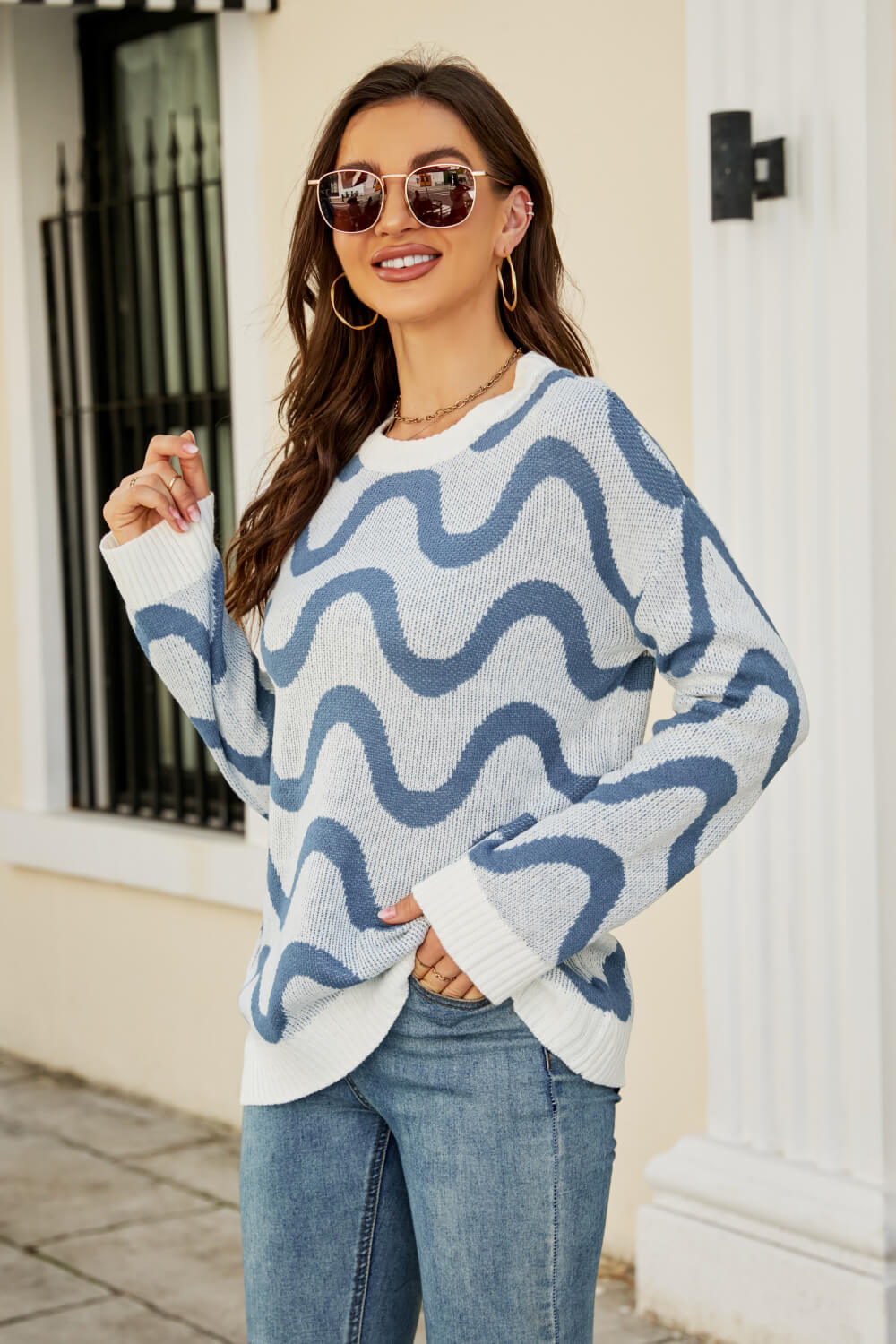 M&Matilda Wave Stripe Ribbed Trim Tunic Sweater