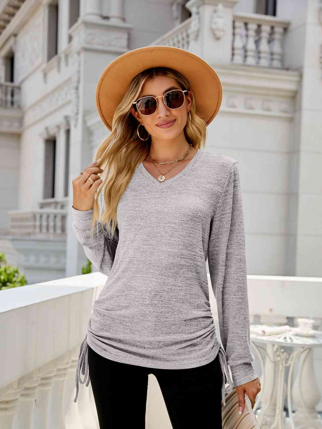 Full Size Drawstring V-Neck Long Sleeve T-Shirt