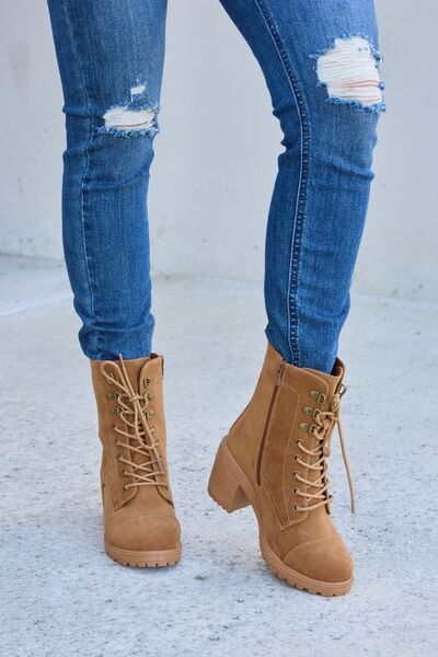 Forever Link Tan Lace-Up Zipper Detail Block Heel Boots