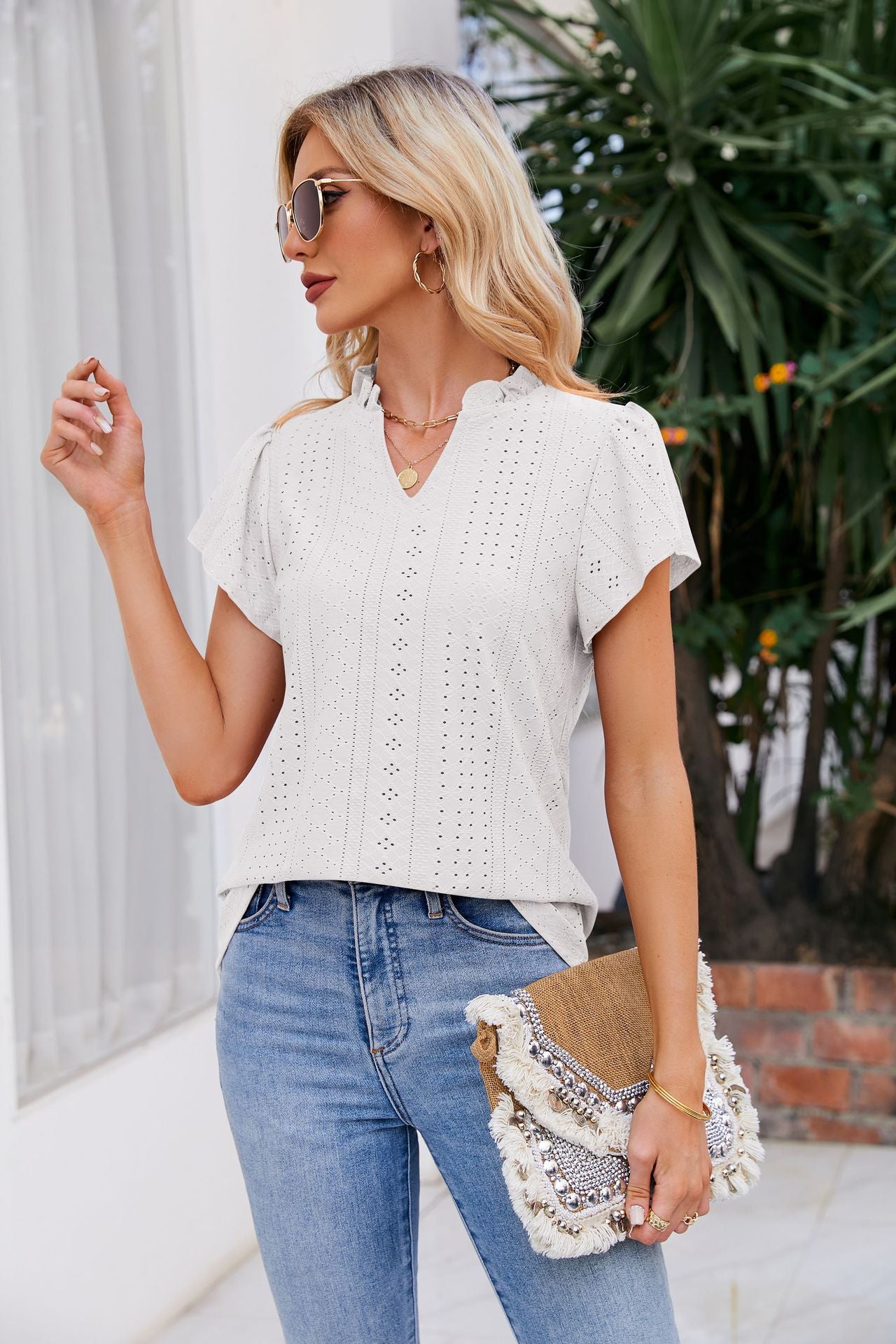 Women's Full Size Notched Neck Puff Sleeve Blouse