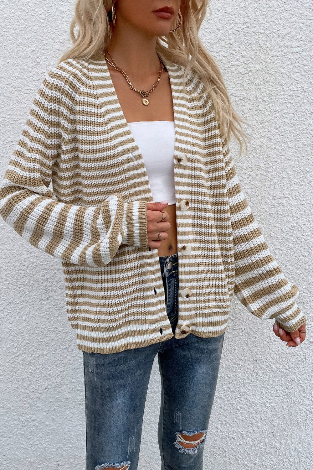 LakenLea Striped V-Neck Button-Down Cardigan