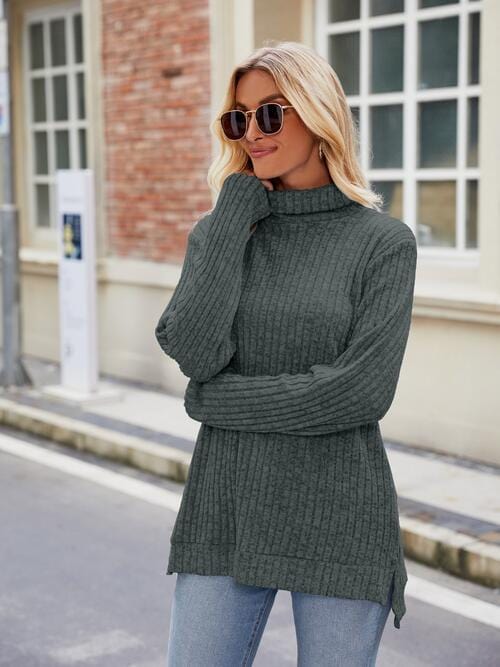 Laken Jay Ribbed Turtleneck Long Sleeve Slit Knit Top