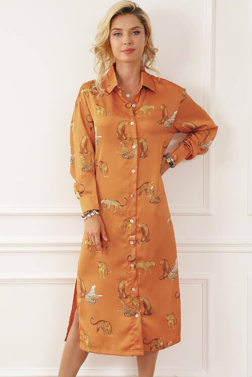 Animal Pattern Long Sleeve Slit Shirt Pumpkin Orange Dress