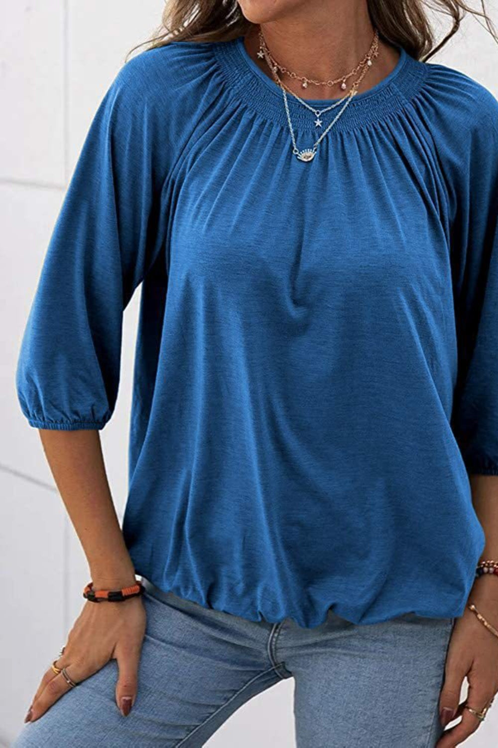 Full Size Gathered Detail Round Neck T-Shirt