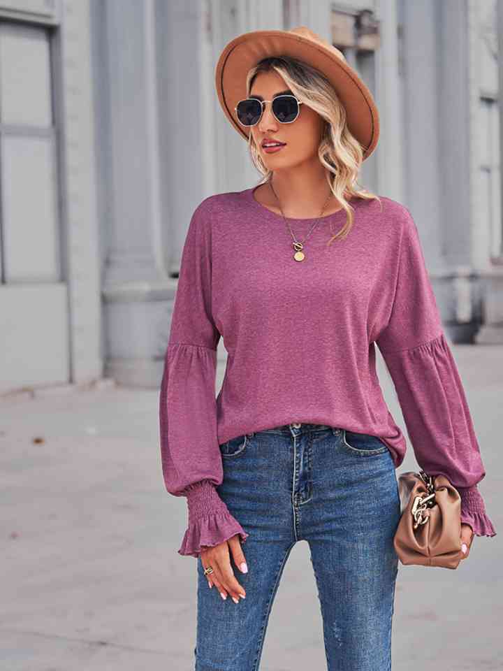 Full Size Round Neck Flounce Sleeve Blouse