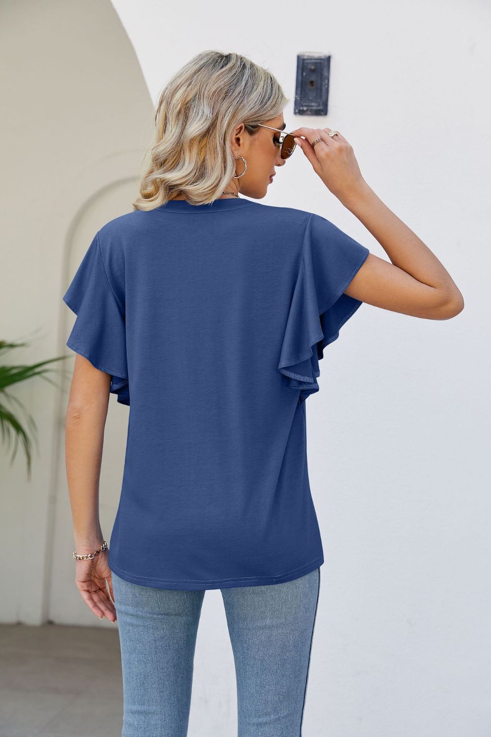 Women's JAYLEEN Full Size Notched Neck Flutter Sleeve Tee