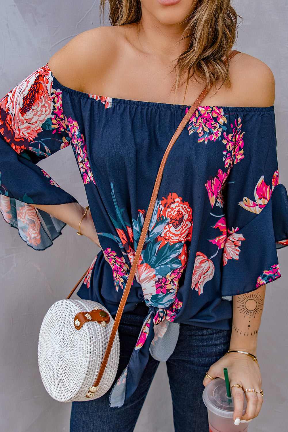 Full Size Printed Off-Shoulder Flounce Sleeve Top