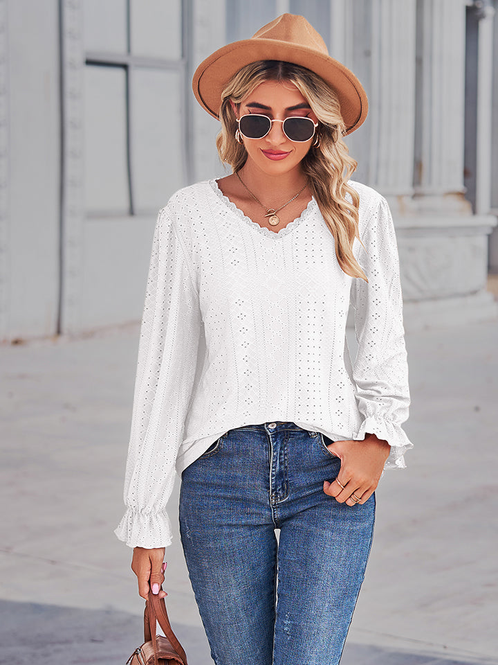 Full Size Eyelet V-Neck Flounce Sleeve Blouse