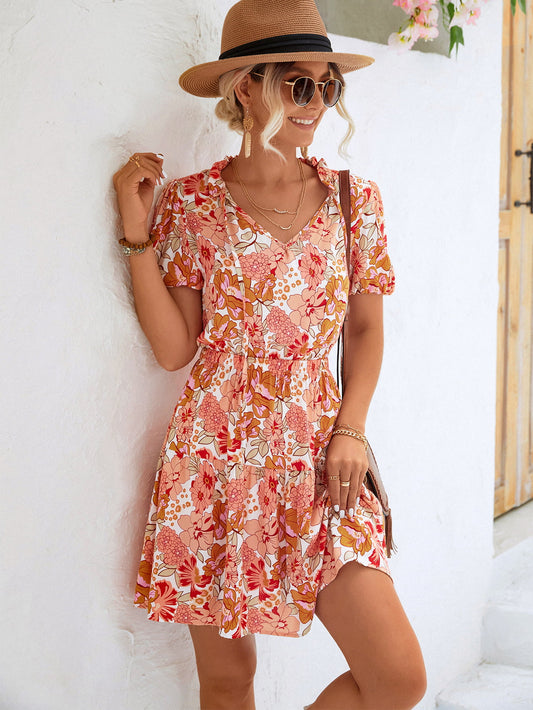 Women's Floral Tie Neck Puff Sleeve Tiered Dress