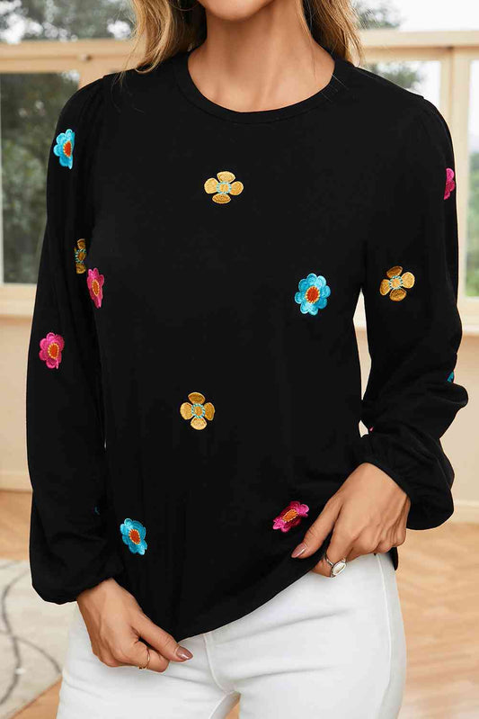 Aurora Lea Flower Round Neck Balloon Sleeve Blouse