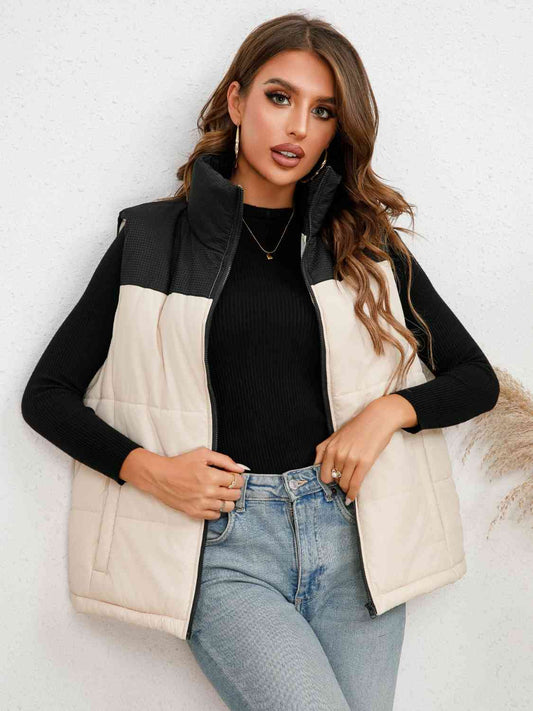 White Full Size Two-Tone Zip-Up Vest