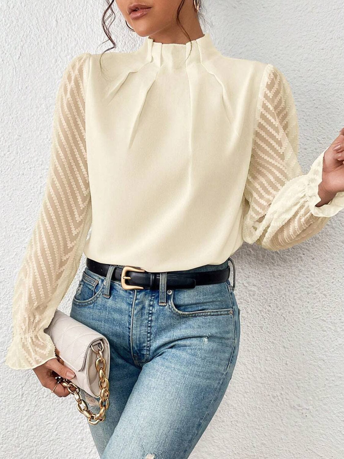 Full Size Mock Neck Flounce Sleeve Blouse