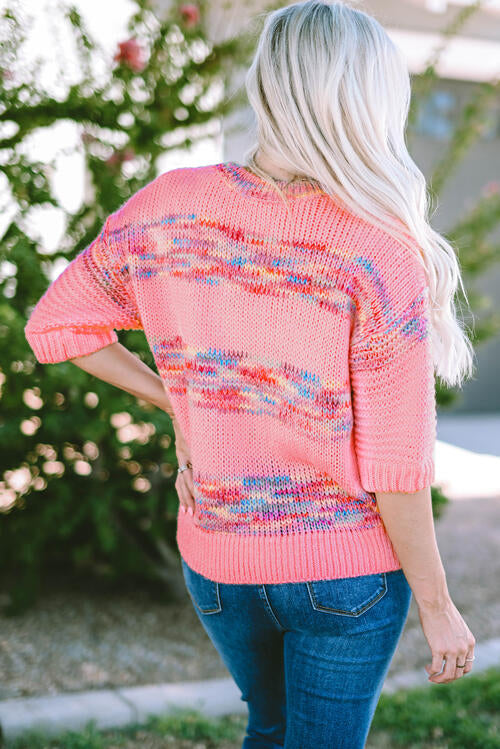 Full Size LoversLane Heathered Round Neck Half Sleeve Fuchsia Pink Sweater
