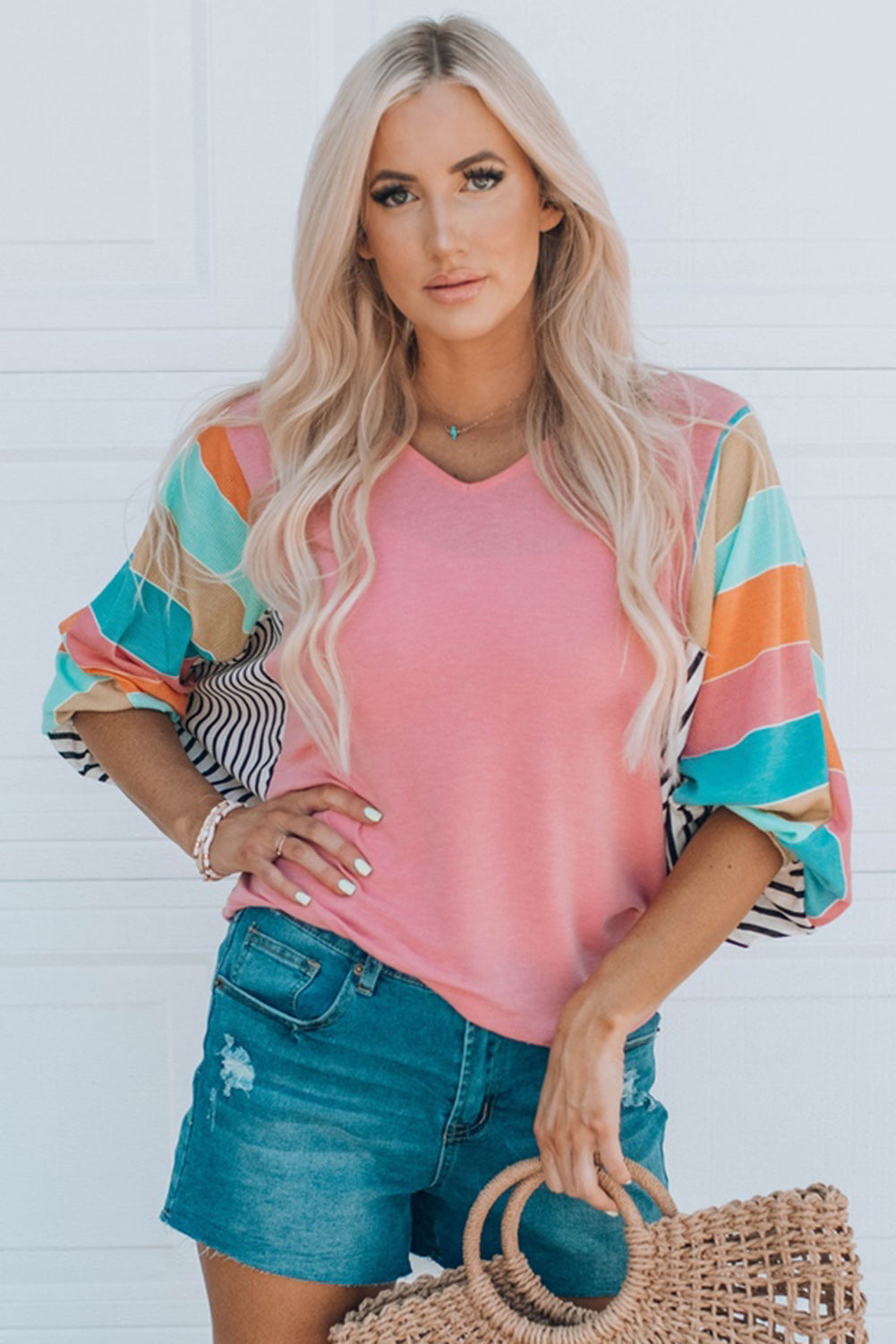 Malibu Dreams Full Size Striped Dolman Sleeve V-Neck Top