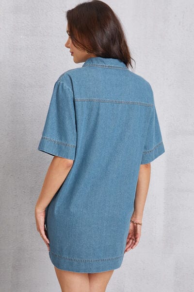 Larissa Bea Pocketed Collared Neck Mini Denim Dress