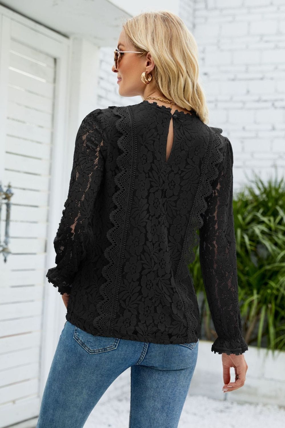 Full Size V-Neck Flounce Sleeve Lace Top