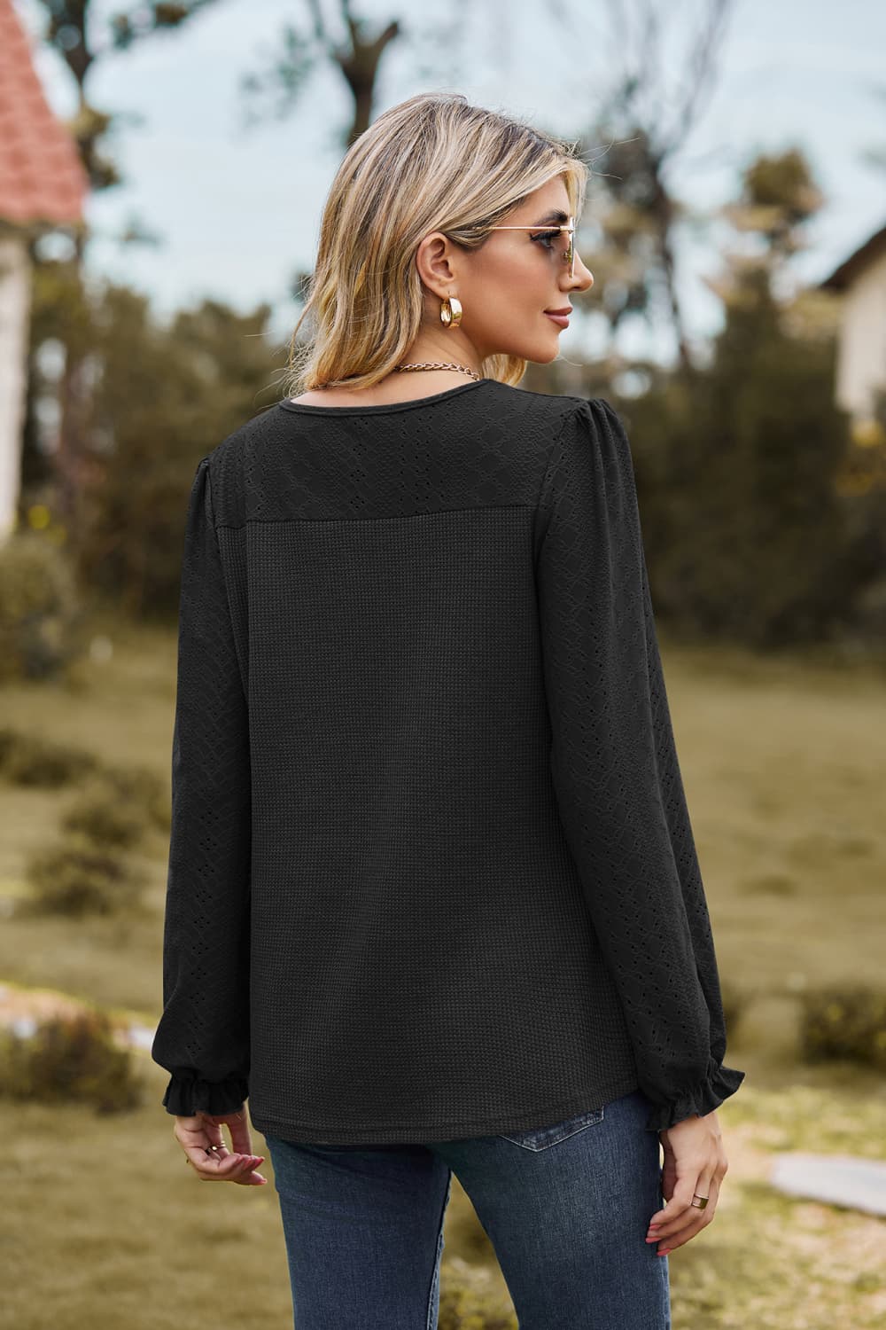 Full Size Round Neck Puff Sleeve Blouse