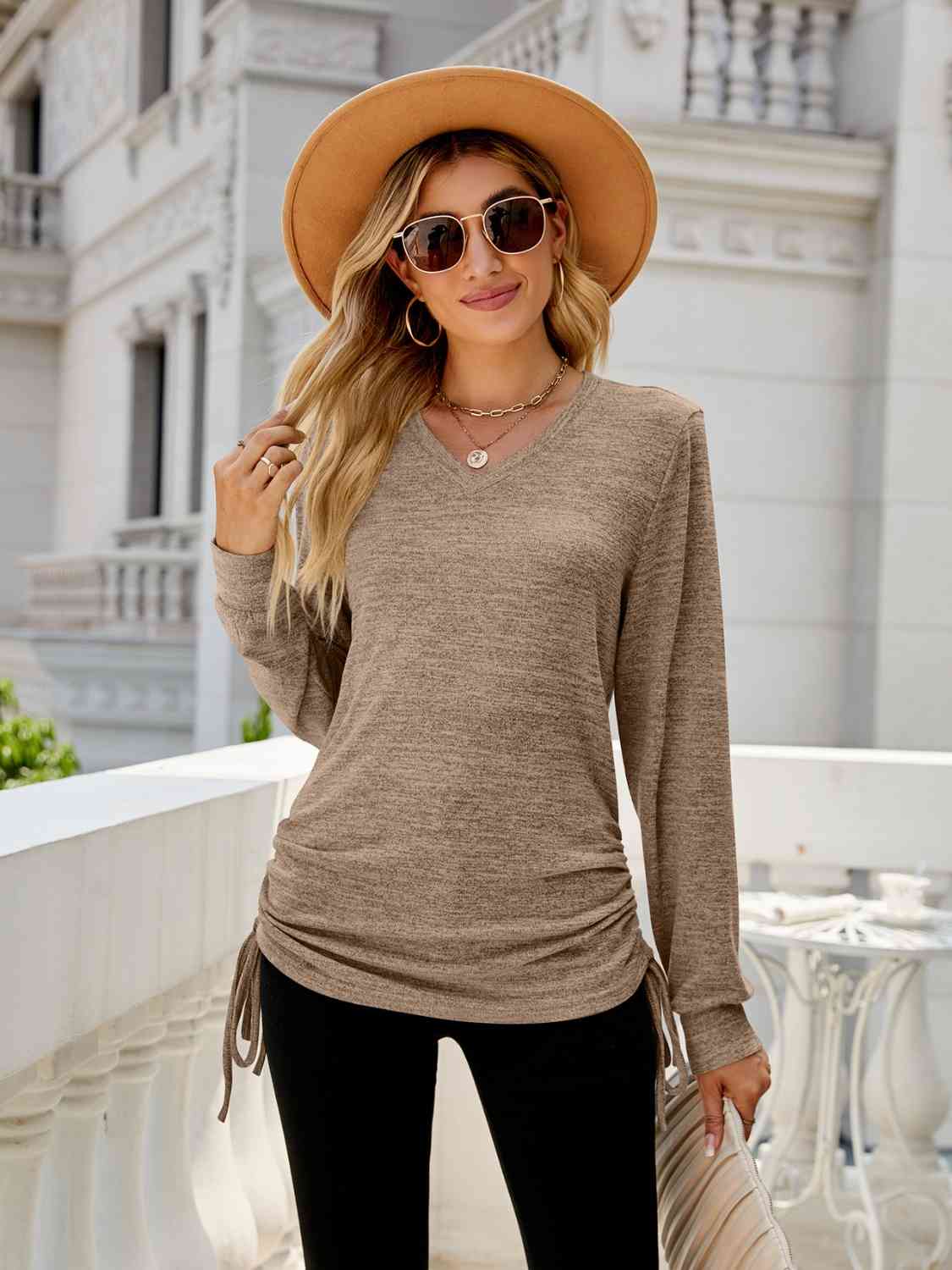 Full Size Drawstring V-Neck Long Sleeve T-Shirt