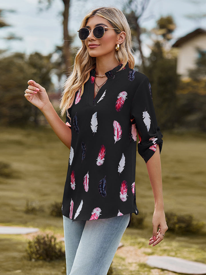 Full Size Printed Roll-Tab Sleeve Notched Neck Blouse