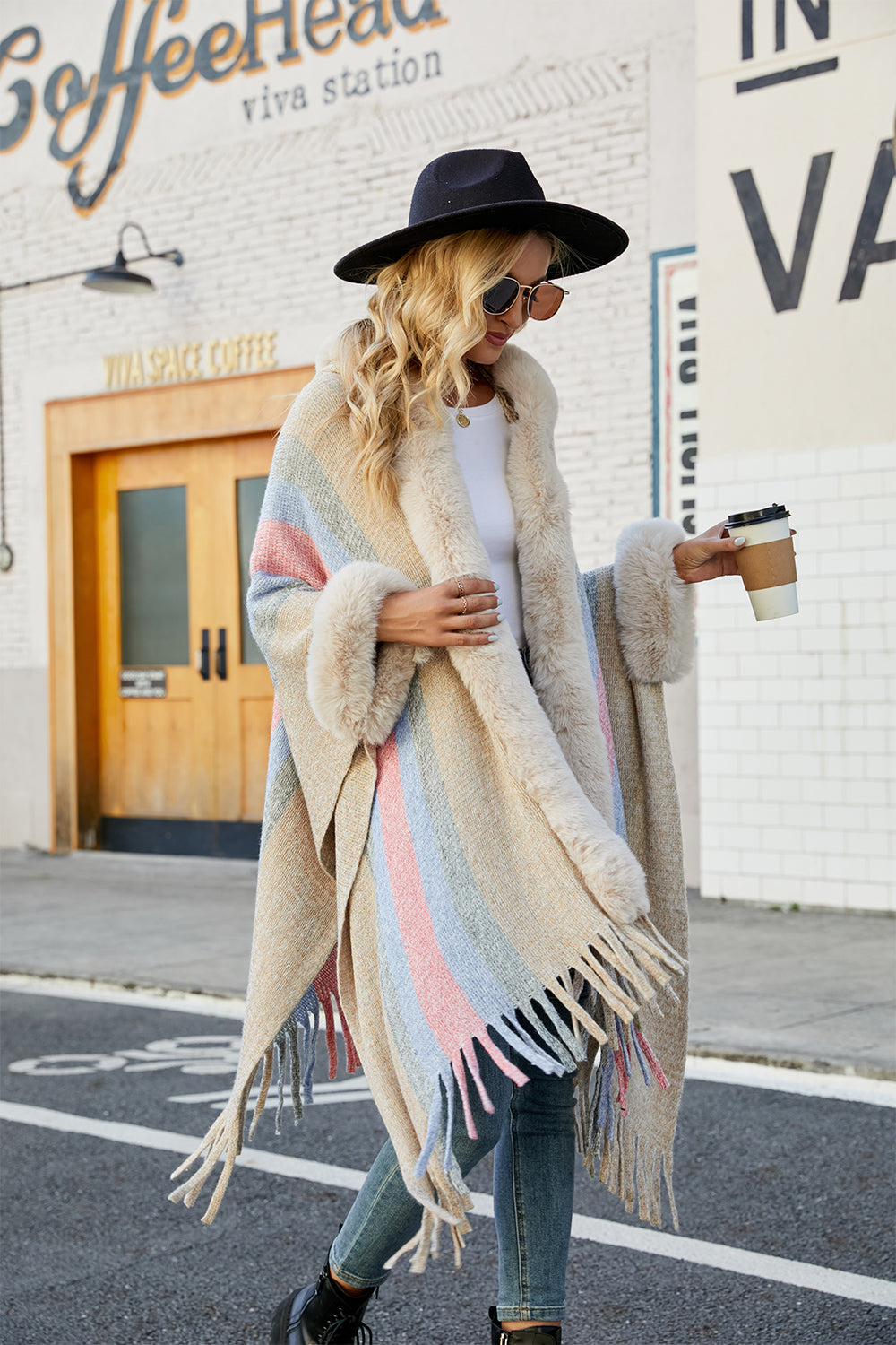 One Size Color Block Fringe Detail Poncho