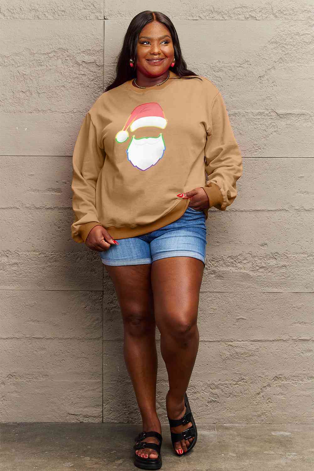 Simply Love Full Size Rainbow Christmas Santa Graphic Round Neck Sweatshirt