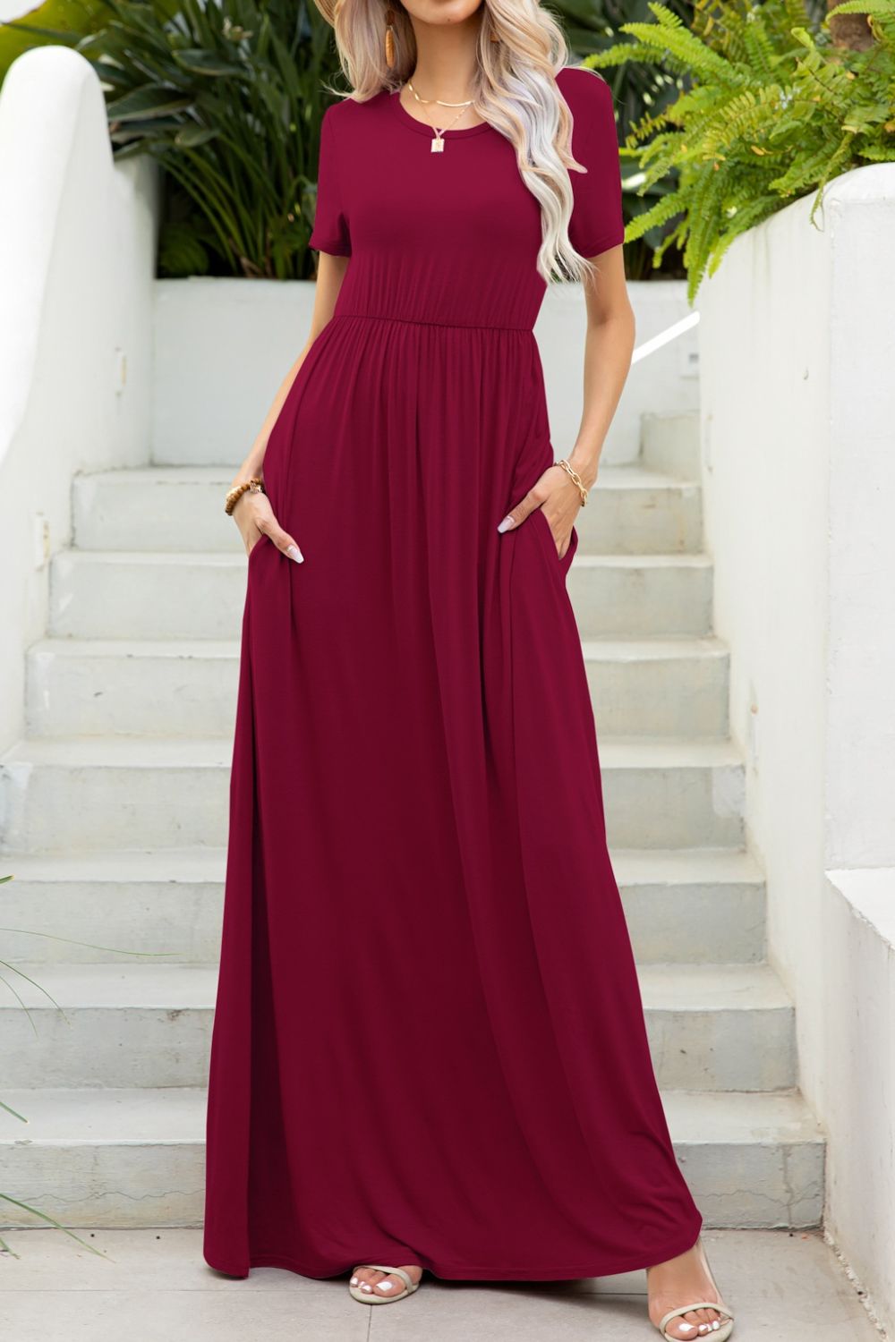 Women's Full Size Round Neck Maxi Tee Dress with Pockets