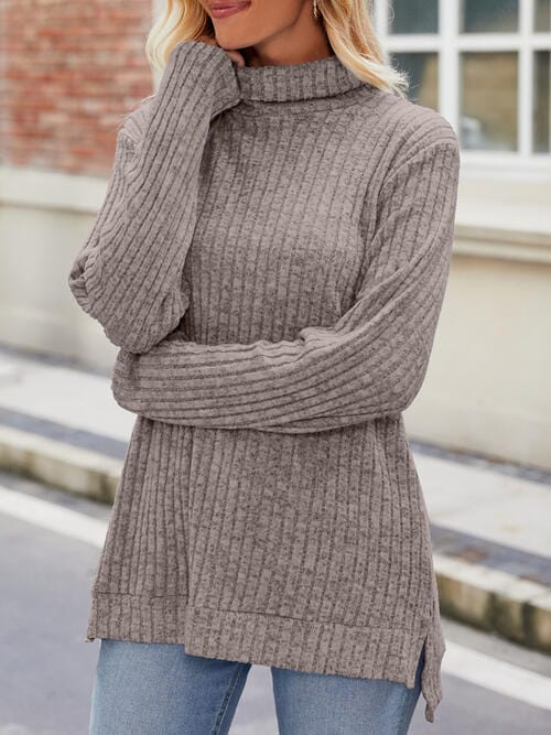 Laken Jay Ribbed Turtleneck Long Sleeve Slit Knit Top